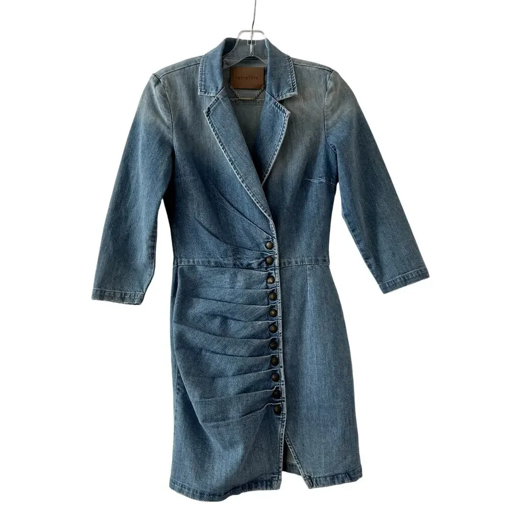 Retrofete Willa Jean Denim Mini Dress Blue XS Western Padded Shoulders - Picture 3 of 6